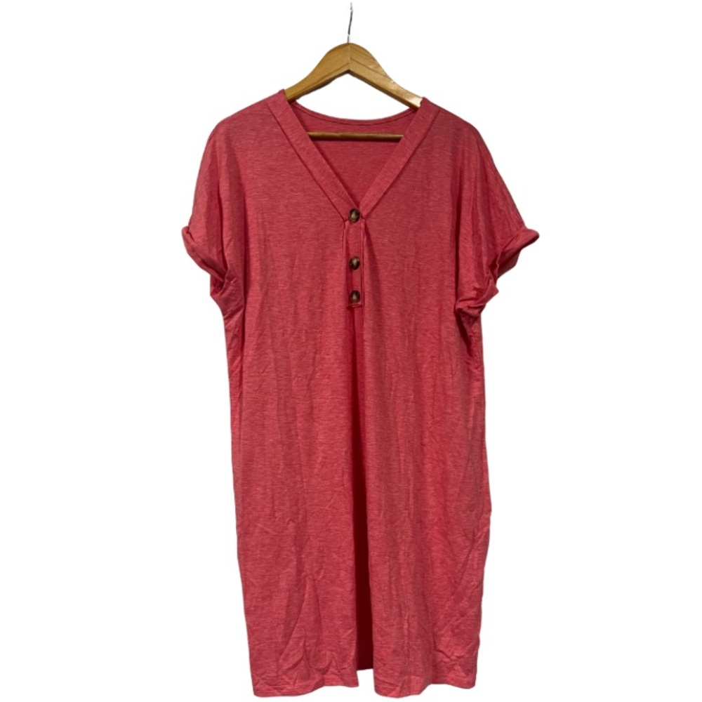 Casual Washed Red V-Neck Buttoned Women's Dress